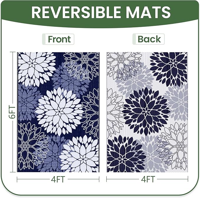 LuxStep Outdoor Rug Waterproof Outdoor Plastic Straw Rug Reversible Patio Rug Mat Outdoor Decor Large Area Mats for RV, Picnic, Backyard, Deck, Balcony, Porch, Beach, Camping, 4'x 6',Blue