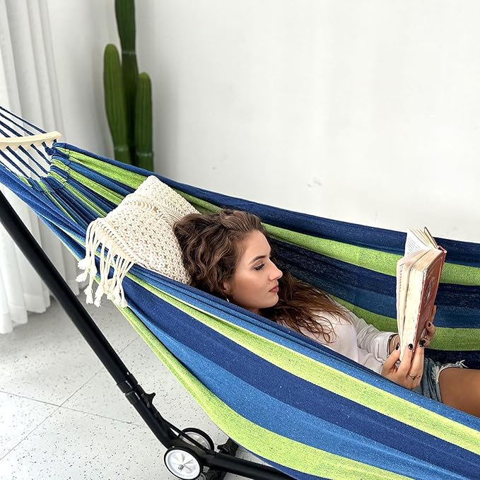 Anyoo Garden Cotton Hammock Comfortable Fabric Hammock with Spreader Bar Sturdy Hammocks Up to 450lbs Portable Lightweight Hammocks with Travel Bag for Camping Outdoor/Indoor Patio Backyard