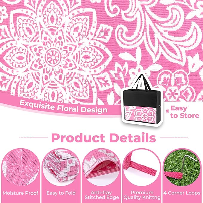 Findosom Waterproof Outdoor Rug 6' x 9' - Reversible Mandala Outdoor Plastic Straw Rug, Durable Foldable Patio Rug for RV, Deck, Balcony, Backyard, Picnic, Porch, Camping, Beach, Pink