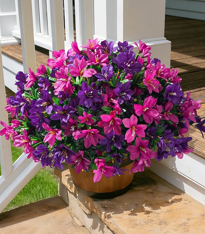 INSPRING Artificial Fake Flowers for Outdoors Spring Summer Decoration, 3 Bundles Realistic Outdoor Faux Azalea Plants UV Resistant Silk Flowers for Outside Planter Patio Porch Garden Yard Home Decor