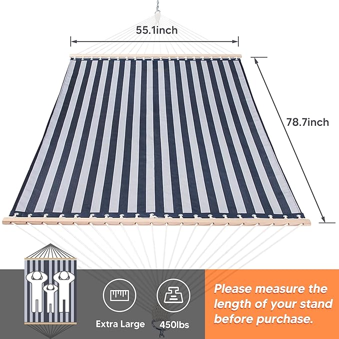 SUNCREAT Hammocks 15 FT Quick Dry Hammock Double Size with Hardwood Spreader Bar, 2 Person Hammock for Outdoor Patio Yard Poolside, 450 lbs Capacity, Blue