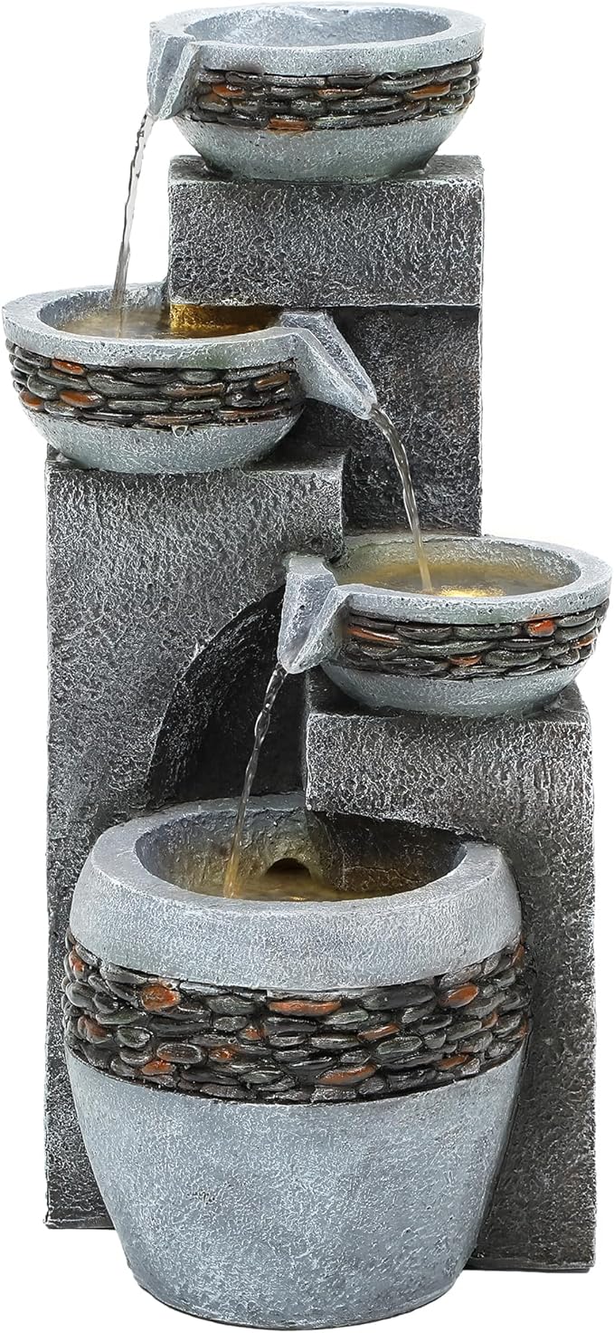 4-Tier 19.5" Indoor/Outdoor Fountain with LED Lights, Resin Pebble Tabletop Design,Soothing Cascading Waterfall for Garden/Patio/Deck/Home Decor