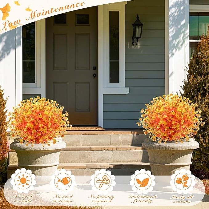 Yunlly 2 Pcs Outdoor Artificial Topiary Ball Trees 22" with Colorful Flowers, Boxwood Fake Bushes Shrubs with Spike, UV Resistant Evergreen Plants for Front Porch Garden Decor (Fall Orangeyellow)