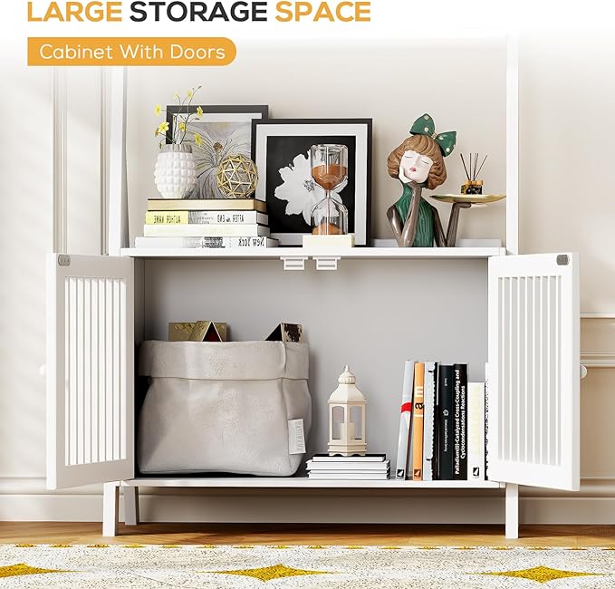 4-Tier Ladder Shelf with Drawers, Ladder Bookshelf with 6 Hooks, Tall Narrow Retro Bookcase, 24.8"L x 10.6"W x 59.5"H, Freestanding Storage Shelf for Living Room, Home Office, Bedroom, White