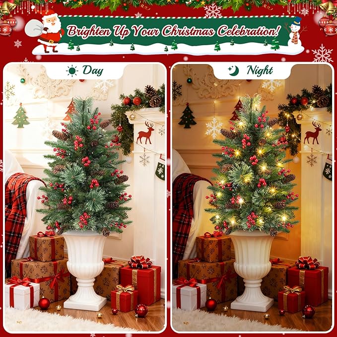 2 Set 20.5 In Christmas Urn Filler for Outdoor Planters, Lighted Artificial Christmas Tree Urn Filler with Cones & Red Berries, Holiday Xmas Pot Fillers Planter Decor for Pathway Porch Yard Decoration