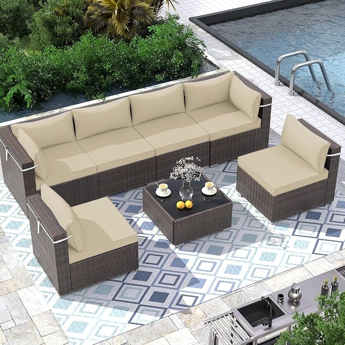 Outdoor Sectional Cushions Replacement Set, 26x26in Patio Furniture Cushions, 14 Pieces Waterproof Outdoor Couch Cushion for 6 Seat Wicker Conversation (Khaki 15" Height)