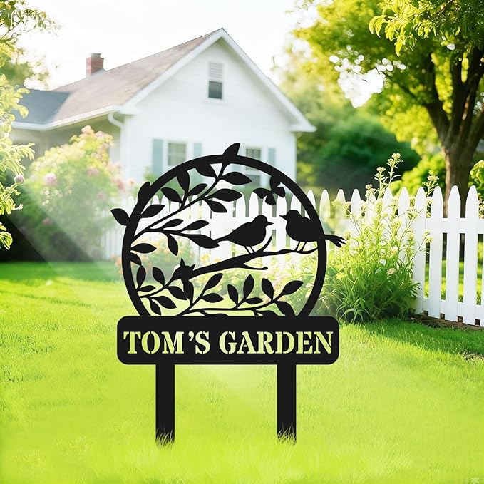 Personalized Metal Garden Sign, Custom Tree Decor with Stake, Birds Metal Yard Art, Garden Name Sign,Outdoor Decor,Patio Decoration,Home Present,Gardeners & Planters Gift