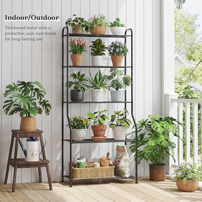 Plant Stand Indoor Outdoor for Multiple Plants, 5 Tier Tall Heavy Duty Metal Shelf, Large Flower Pot Holder Ladder for Garden, Patio, Living Room, Balcony, Black
