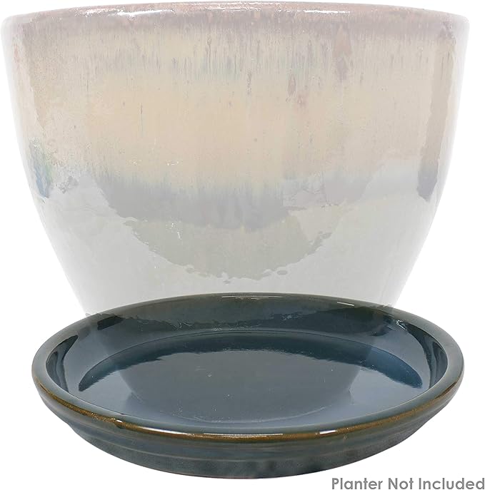 Sunnydaze 12-Inch Ceramic Plant Saucers - Plant Drip Trays for Outdoor Planter Flower Pot Drainage - Set of 2 - Forest Lake Green