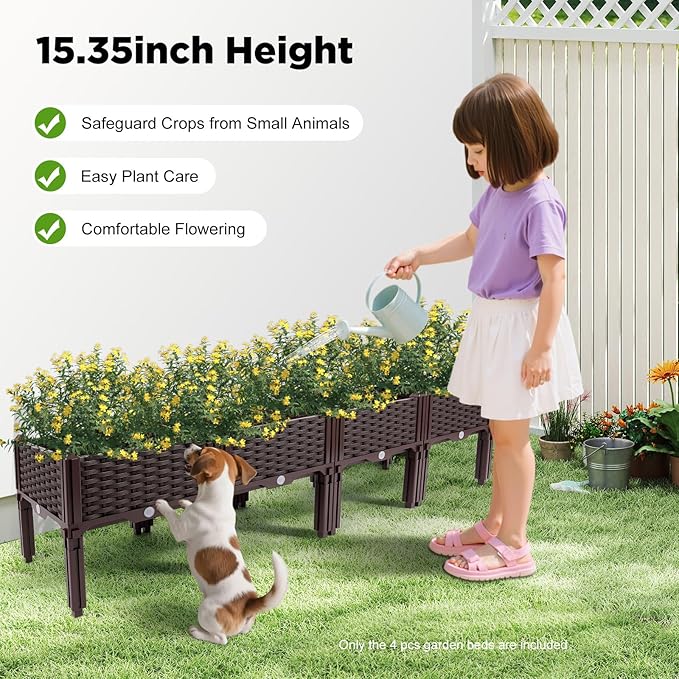 Set of 4 Raised Garden Bed with Legs Outdoor, Planter Raised Beds Kits with Drain Holes, Fruit Flowers Vegetables Standing Box for Patio Deck Porch Backyard