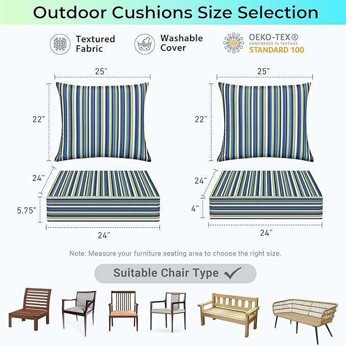Outdoor Cushions for Patio Furniture,Outdoor Seat Cushion Set 24 x 24 x 5.75 Inch,Waterproof & Fade Resistant Outdoor Chair Cushions,Deep Patio Chair Cushion with Removable Cover,Blue Stripe