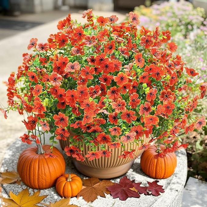 16 Bundles Artificial Mums for Outdoors Garden Home Decoration Fake Mums Decoration UV Resistant Lifelike Faux Silk Daisy for Outside Home Planter Front Porch Patio Thanksgiving Decor Thanksgiving