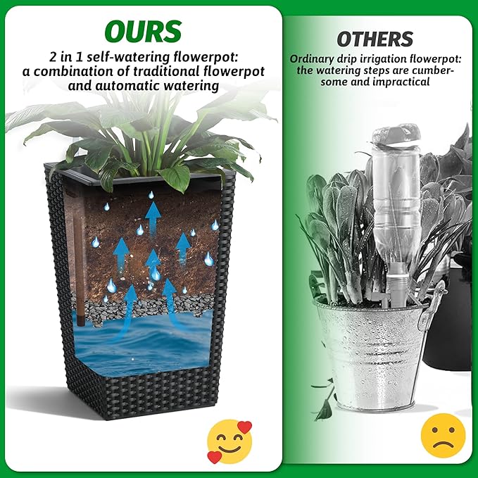 16 Inch Tall Planter Set of 2 Large Rattan Flower Pot with 2 Trays & a Water Level Monitor & Wheels Outdoor and Indoor for Patio, Porch, Living Room, or Home Office, Black