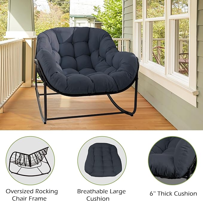 Papasan Rocking Chair, Oversized Papasan Chair with Cushion and Frame for Indoor& Outdoor, Deep Seat Egg-Shaped Rocker Chair for Garden, Deck, Living Room, Blue
