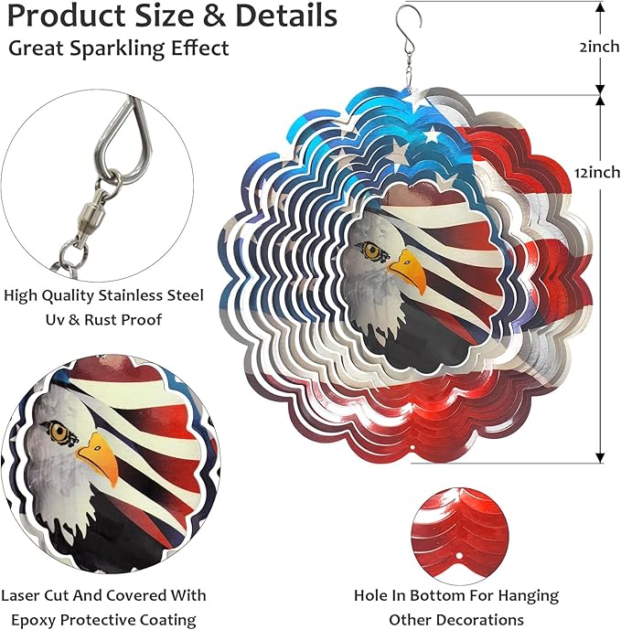 3D Eagle Wind Spinner - American Flag Eagle Design, 12In Holographic Hanging Wind Sculptures, Outdoor Yard Garden Decor for 4th of July, Memorial Day, for Men Women Dad Mom
