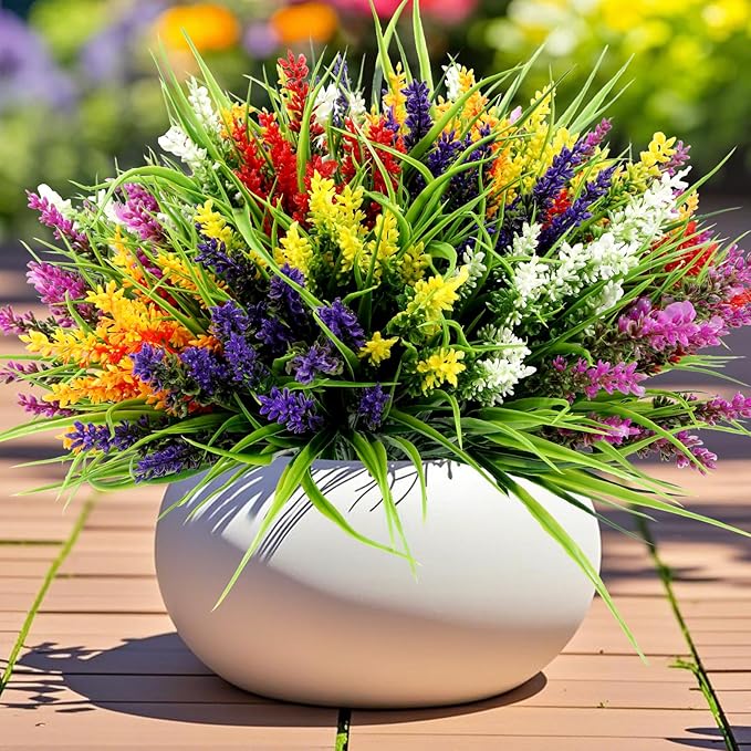 Geegoods Artificial Plants Flowers for Outdoor – 48 Bundles UV Resistant Faux Lavender Flowers with Monkey Grass for Garden Porch Window Patio Hanging Planter Decor