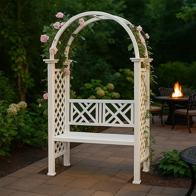 Oakland Living White Aluminum Garden Arbor Arch with 2-Seater Bench