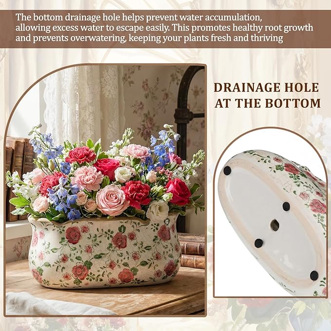 8.6" Large Vintage Ceramic Planter Ice Cracked Farmhouse Rectangle Pots with Drainage Hole Pots for Indoor Outdoor Plants Home Kitchen Windowsill Office Shelf Rustic Decor Gift(Rose)