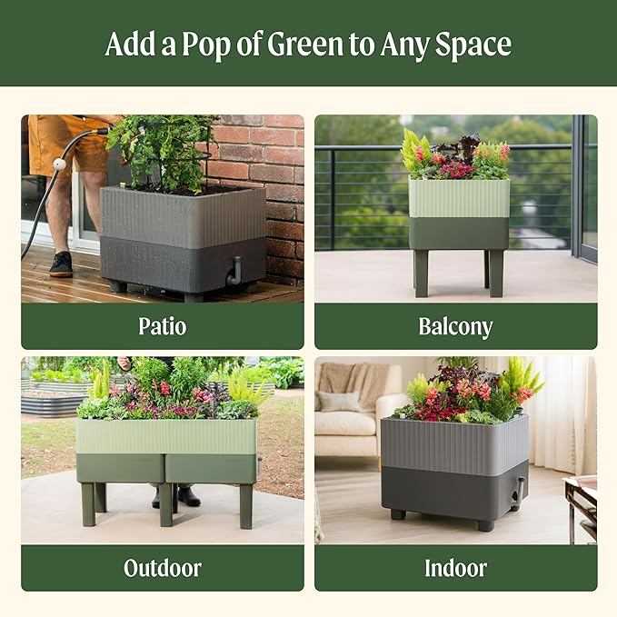 Vego garden EZCube Self Watering Planter Box Outdoor, Raised Garden Bed with Water Gauge for Balcony, Rooftop, Patio, Backyard 21" x 24" Fog Gray