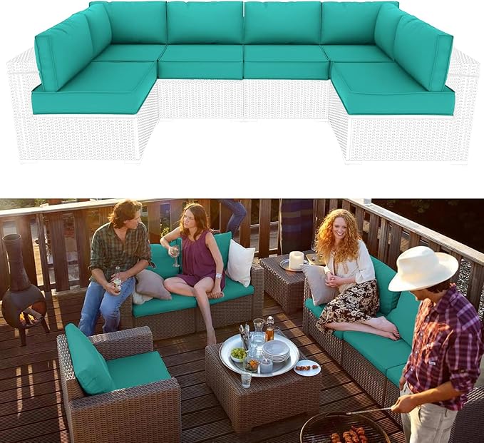 Outdoor Sectional Cushions Replacement Set, 26x26in Patio Furniture Cushions, 14 Pieces Waterproof Outdoor Couch Cushion for 6 Seat Wicker Conversation (Lake Blue)