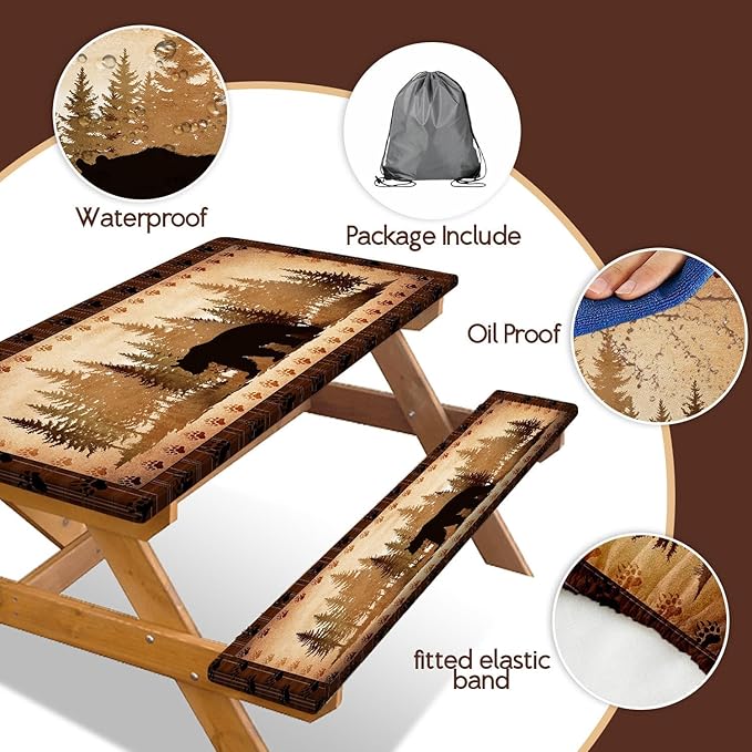 30X96 Inch Brown Bear Picnic Table Cover with Bench Cover and Drawstring Bag, Waterproof Washable Fitted Outdoor Tablecloth Rectangular Elastic Edged for Camping Outdoor Travel, 3 Pieces Set