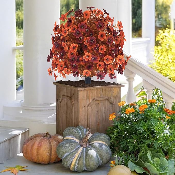 Outdoor Artificial Fall Flowers, UV Resistant Faux Shrub Decorations, Fall Orange and Red Flowers for Front Porch, Patio, Garden, Thanksgiving Decoration (Pack of 2)
