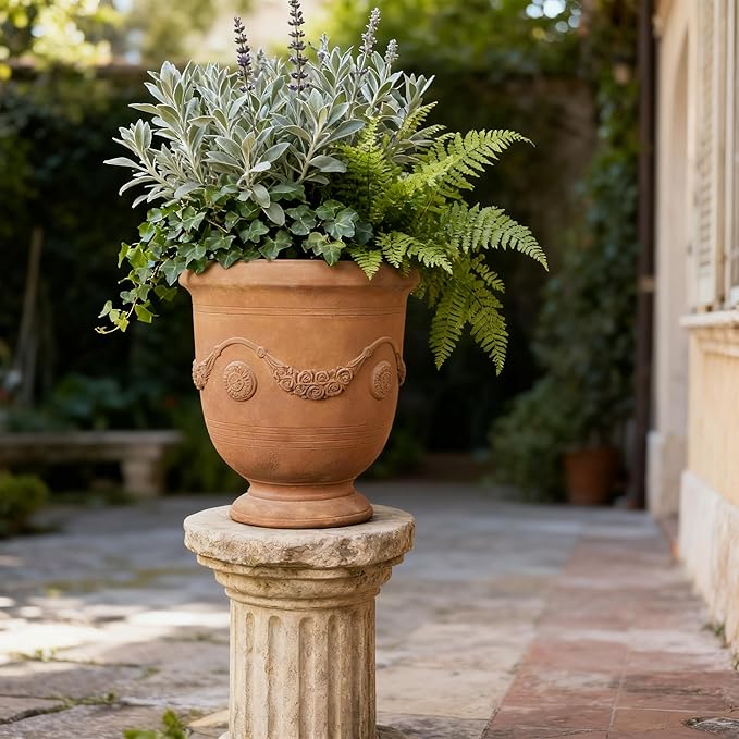 Planters for Indoor & Outdoor Plants, 16.5" Large Magnesium Oxide Urn Planter with Drainage Hole, Decorative Unique Garden Plant Pots for Front Porch & Home Decor, Rust Color