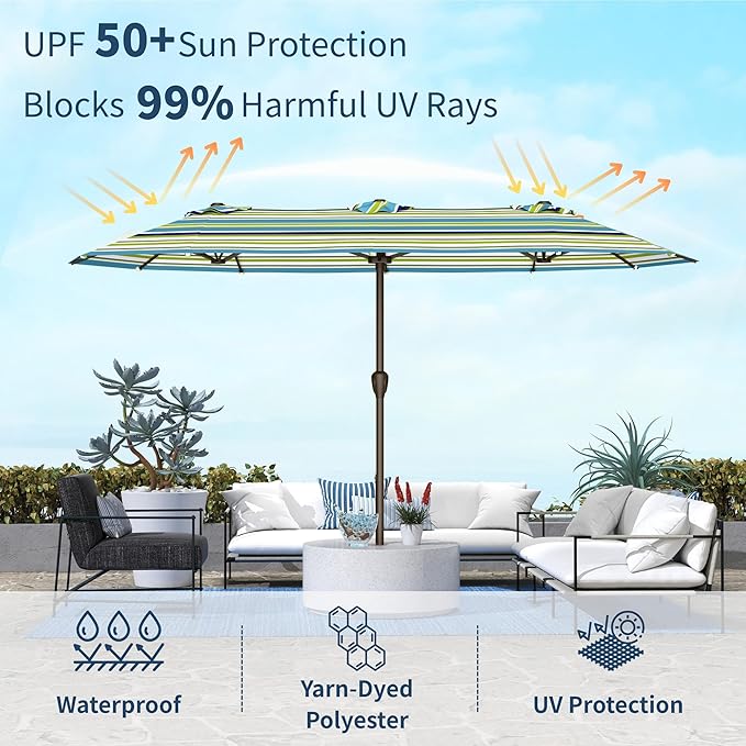 15FT Double Sided Patio Umbrella with Base Included Large Outdoor Market Umbrella with Crank Handle, UV Resistant Canopy, Sturdy Frame for Garden, Poolside, Deck, Green Stripes