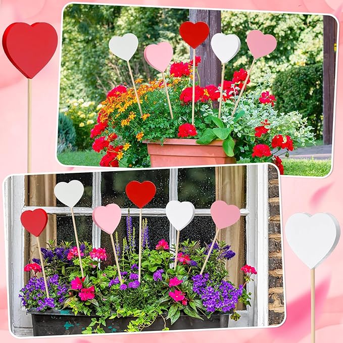 6 Pcs Wooden Valentine's Day Heart Garden Stakes Yard Decoration Heart Planter Stakes Sign Outdoor Decor Stick Lawn Garden Home Yard Decor for Valentine's Anniversary Wedding