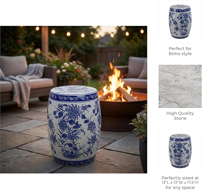 Decorative Chinoiserie Stool for Outdoor Side Table - Ceramic Floral Pattern for Indoor Garden, Entryway, and Patio Area - Home Decor Accent Stool for Plant Stand Display - 18", Blue & White