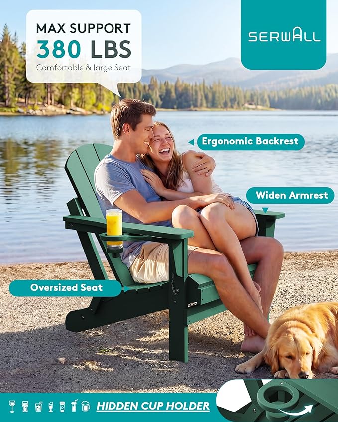 SERWALL Folding Adirondack Chair Painted Adirondack Chair Set of 8 Weather Resistant for Patio Deck Garden, Fire Pit & Lawn Furniture Porch - Green