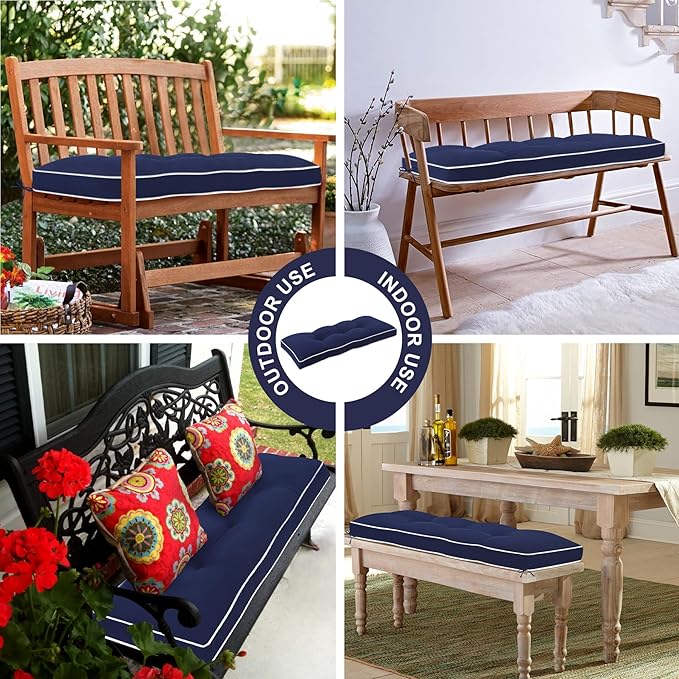 Favoyard Indoor/Outdoor Bench Cushion 42 x 16 Inch Waterproof & 3-Year Fade-Resistant Patio Furniture Cushions for Garden Porch Swing Chair Tufted Pad for Sofa Couch Seat with Ties, Blue