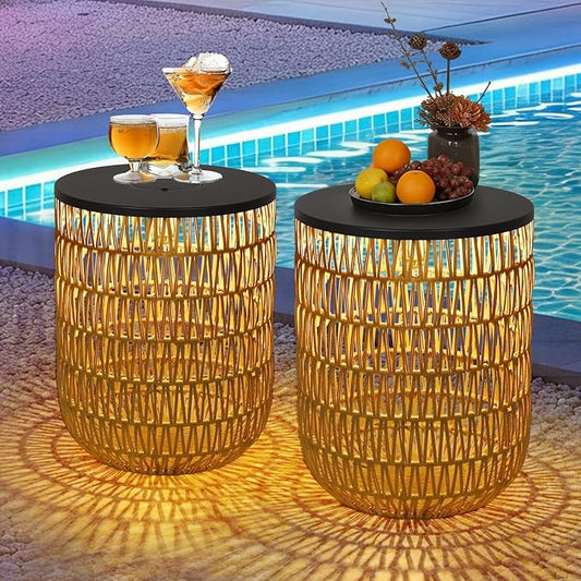 HMVPL Solar Outdoor Side Table Set of 2 with Dimmable Light, Round Patio Side Table for Outside, Outdoor End Accent Tables, Plastic Rattan Patio End Table for Poolside Backyard Gazebo, Dusk to Dawn