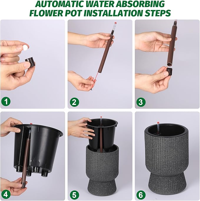 14.2" Tall Planters Set of 2, Large Indoor/Outdoor Self-Watering Plant Pots with Drainage, Water Level Monitor & Wheels, Flower Pots for Patio, Porch, Living Room, Home Office