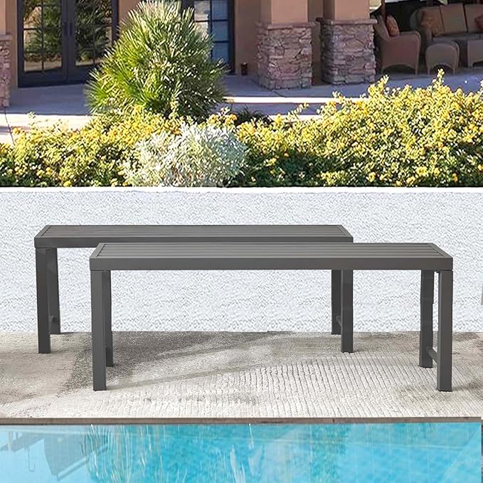 Outdoor Metal Backless Bench Set of 2, 46" Patio Garden Bench for Outdoor, All Wheather Outdoor Bench for Garden, Backyard, Porch, Grey