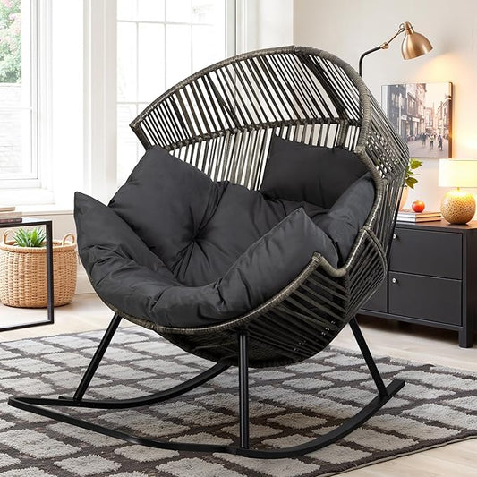 Vongrasig Wicker Rocking Egg Chair PE Rattan with Cushion, Oversized Patio Lounge Rocker Chair for Outdoor, Indoor, Balcony, Backyard, Garden, Black/Rattan