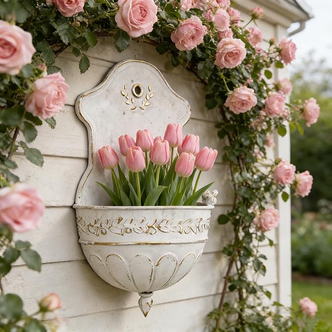 Vintage Distressed White Metal Wall Planter, Rustic Hanging Pocket Planter with Scrollwork & Scalloped Design, Farmhouse Wall Decor for Indoor & Covered Outdoor Garden, Porch & Entryway