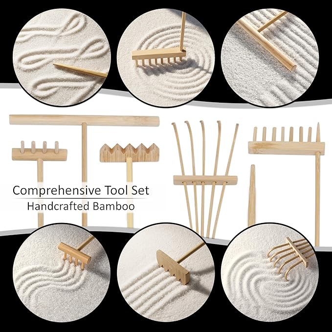 Zen Garden Kit 11x8in. Beautiful Japanese Decor Mini Rock Feature Gift Set for Home, Office Desk. Zen Sand Garden, 6 Tools, 15 Accessories. Sand Tray Therapy Desktop Meditation Room