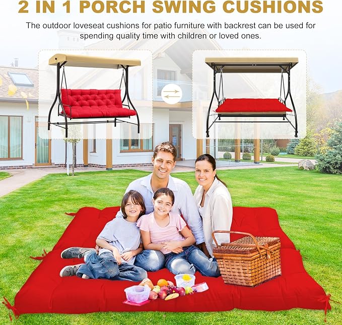 60" Porch Swing Cushion with Backrest, Waterproof Outdoor Bench Swing Cushions 3 Seater Replacement Thickened Swing Cushions with Ties for Patio Garden Backyard,Red,60x40in
