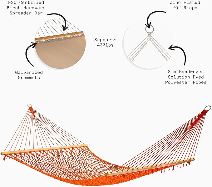 Fab Habitat 12-14 ft Adjustable Quick Dry Recycled Polyester Rope Hammock, Fade Resistant, 2 Person Indoor/Outdoor (460lbs Capacity) for Patio, Poolside, Backyard, Garden, Balcony, Miami - Tangerine