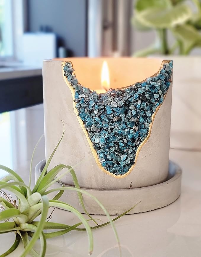 4 Inch Crystal Plant Pot with Saucer - Cement Geode Planter - Concrete Pots for Plants - Modern Succulent Pot Indoor - Unique Air Plant Holder - Candle Holder - Small Plant Home Decor (Blue Apatite)