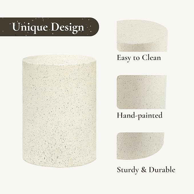 LuxenHome Cream with Speckled Gray Cement Round Indoor Outdoor Side and End Table (Set of 2)