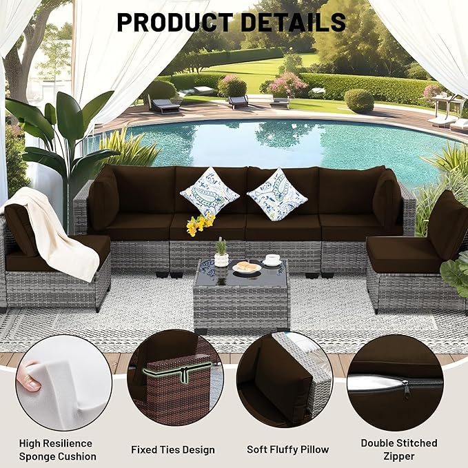 14 Piece Outdoor Sectional Cushions, Water-Resistant Outdoor Sofa Cushions Replacement, 4" High Density Foam Patio Furniture Cushions Fits 6-seat Rattan Conversation Set (Brown)