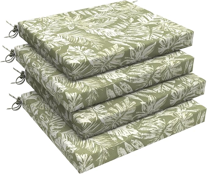 LVTXIII Outdoor Seat Cushions Seasonal Replacement Chair Cushions, Patio Chair Pads with Ties for Dining Chairs and Garden Furniture, Square Back, 18.5"x16"x2", 4 Pack, Tropical Leaf Green