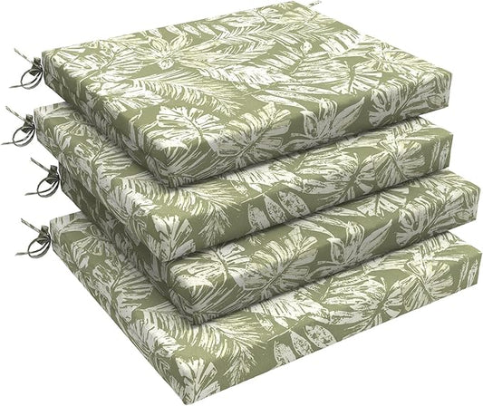 LVTXIII Outdoor Seat Cushions Seasonal Replacement Chair Cushions, Patio Chair Pads with Ties for Dining Chairs and Garden Furniture, Square Back, 18.5"x16"x2", 4 Pack, Tropical Leaf Green