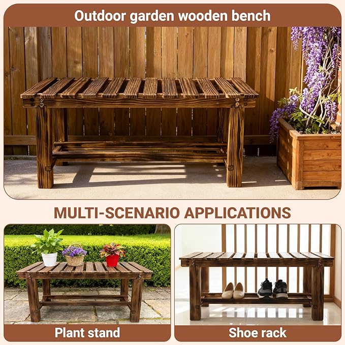 35.5" Outdoor Garden Bench, Weatherproof 2-Person Backless Wooden Bench with Mortise-Tenon Structure – for Garden, Lawn, Porch, Backyard （Brown