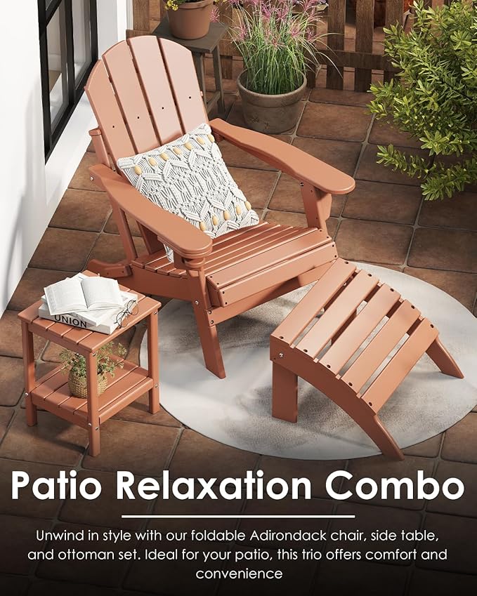 GREENVINES Folding-Adirondack-Chairs-Set-of-2 | HDPE Plastic | Fire Pit Chair | All Weather | Cup Holder | Teak | for Deck Backyard Patio Outdoor Garden