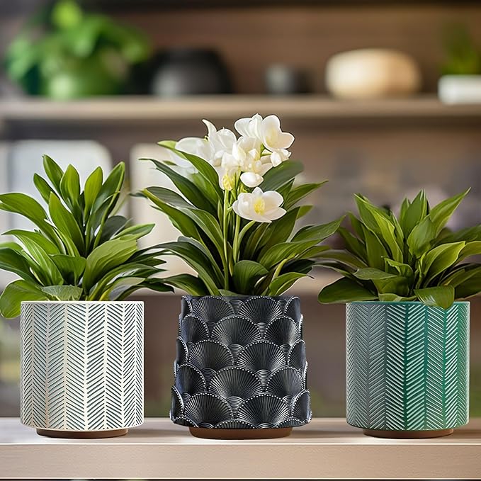 GUGUGO Slash Line Plant Pots, Boho Modern Geometric Planters Pots for Indoor Plants, Cute Unique Flower Pot with Drainage, Eclectic Colorful Small Succulent Planter Funky Gardening Pot Gifts, Green
