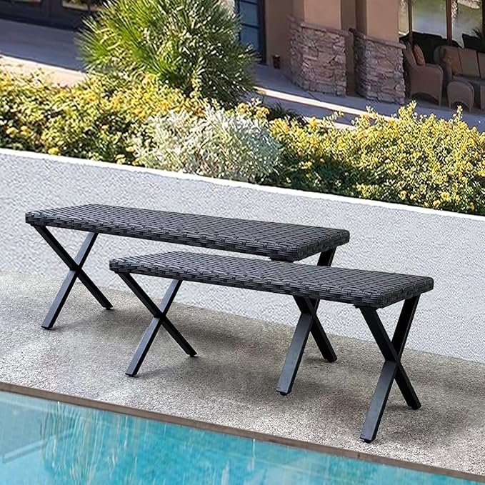 46” Black Rattan Bench with Metal X-Legs Set of 2, Wicker Frame Patio Bench for Hallway, All Weather Outdoor Bench for Garden, Backyard, Porch