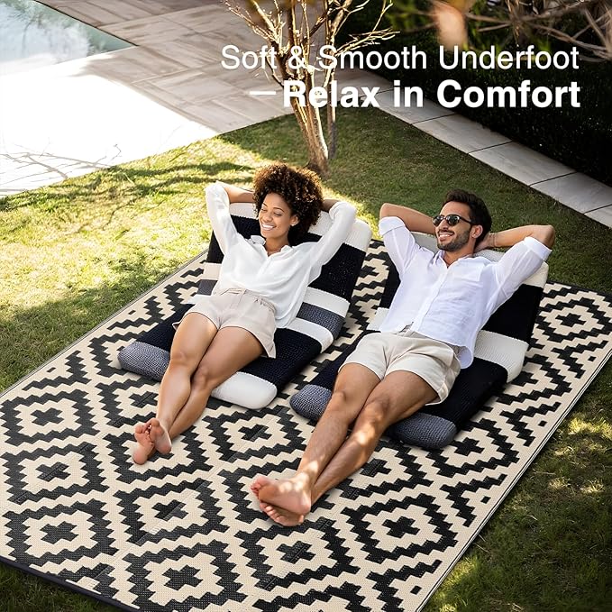 OLANLY Waterproof Outdoor Rug 6x9 ft, Outdoor Plastic Straw Rug for Camping, RV Mat Outside, Outdoor Carpet for Porch, Deck, Backyard, Balcony, Picnic, Black & Beige